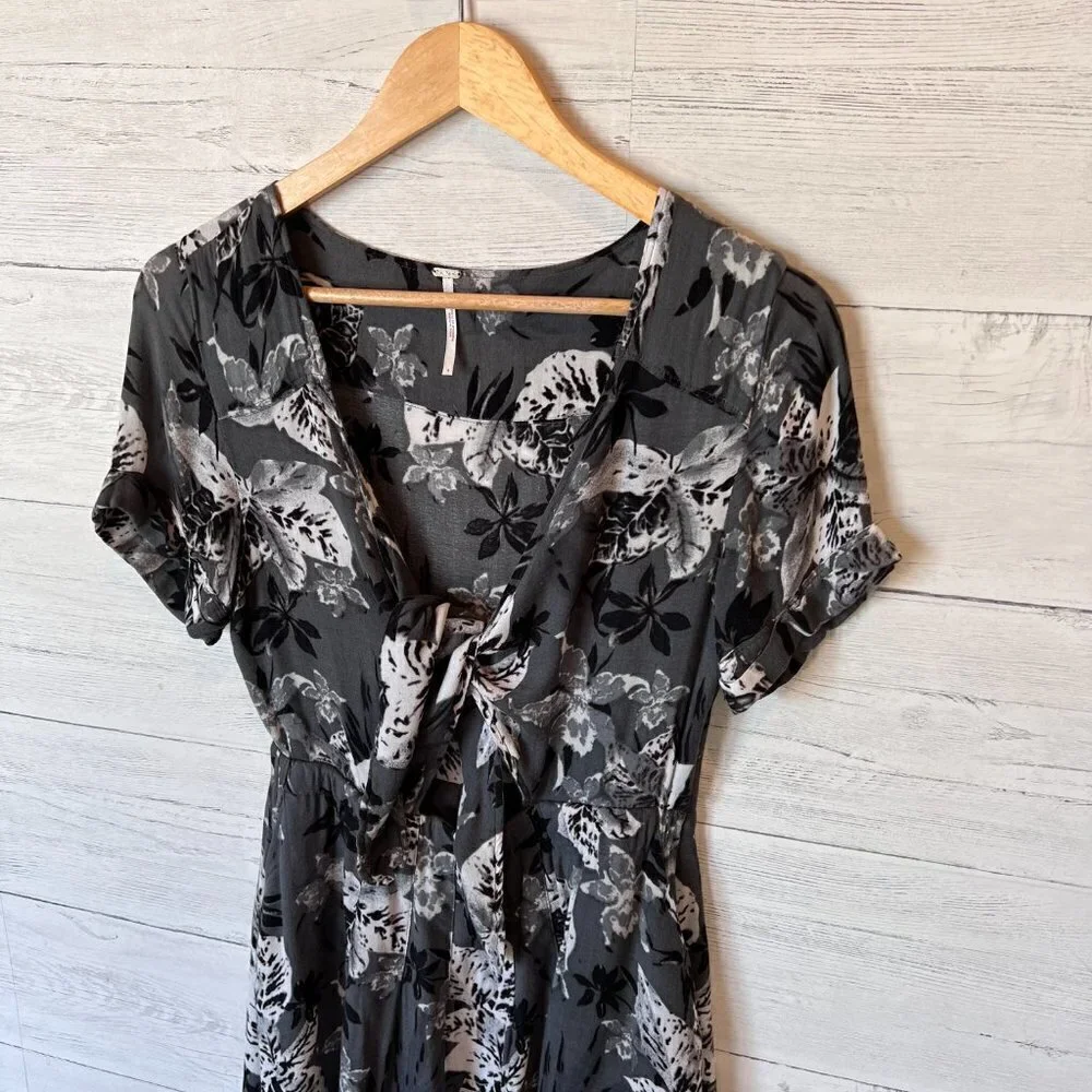 Free People Dress Size 4 Part Time Love Grey Floral Mini Short Sleeve Tie Front
